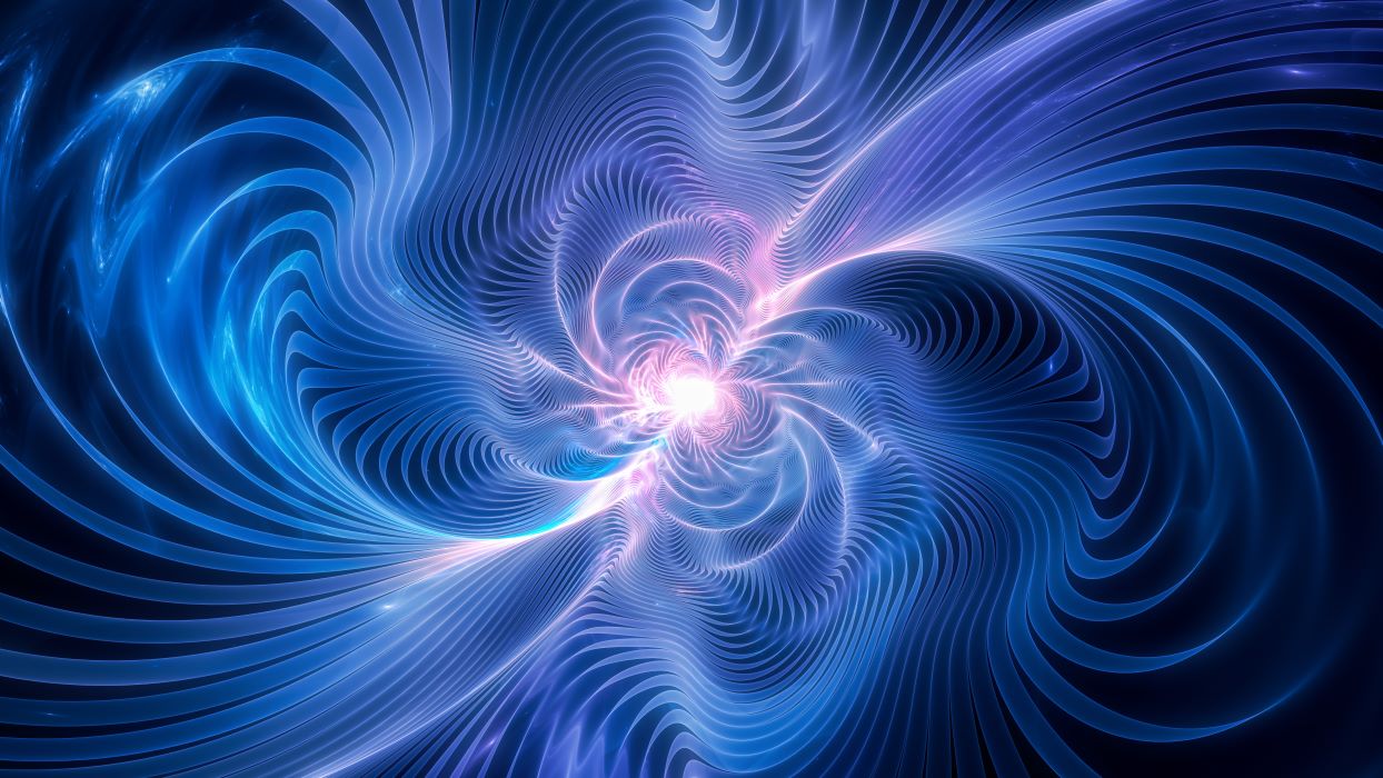 An artist's rendering of gravitational waves showing spiraling blue ripples emanating from a bright white source in the center