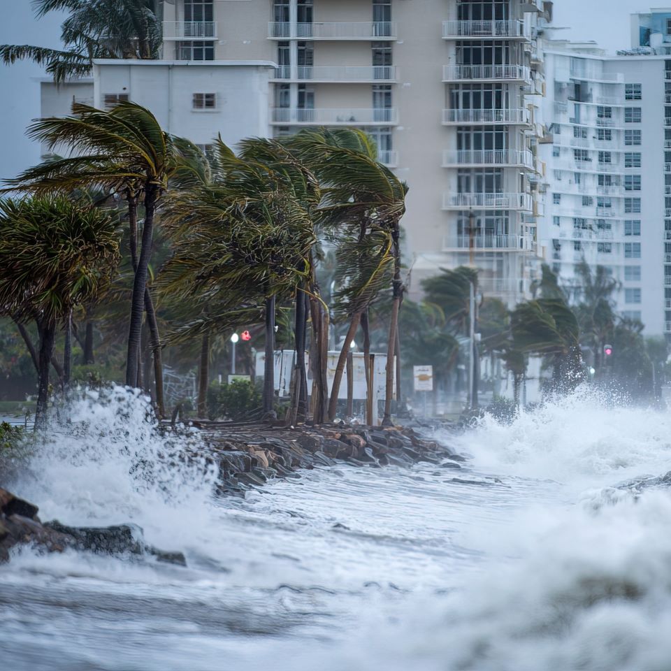 Coastal waters surge on shore during a hurricane in Florida