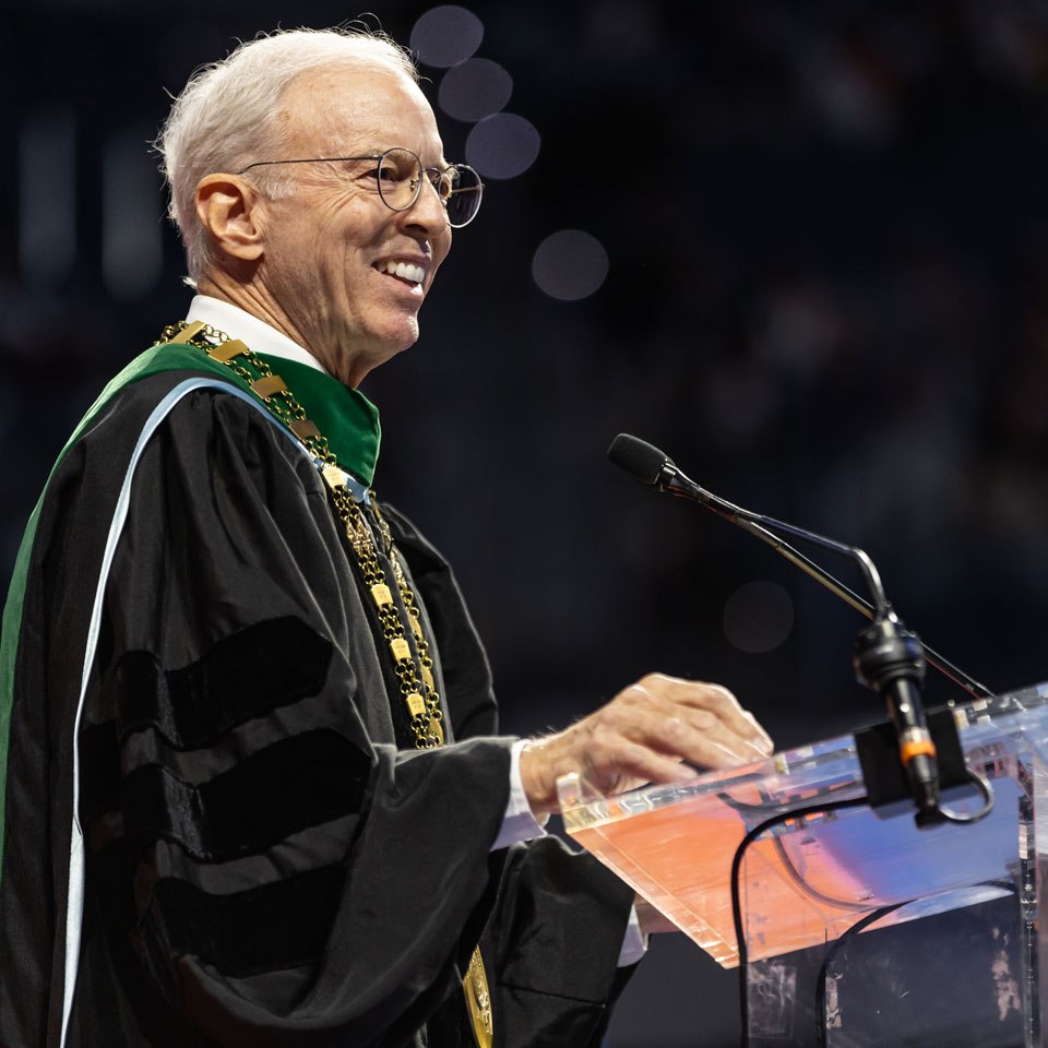 UF Interim President Donald Landry gives a speech at graduation.