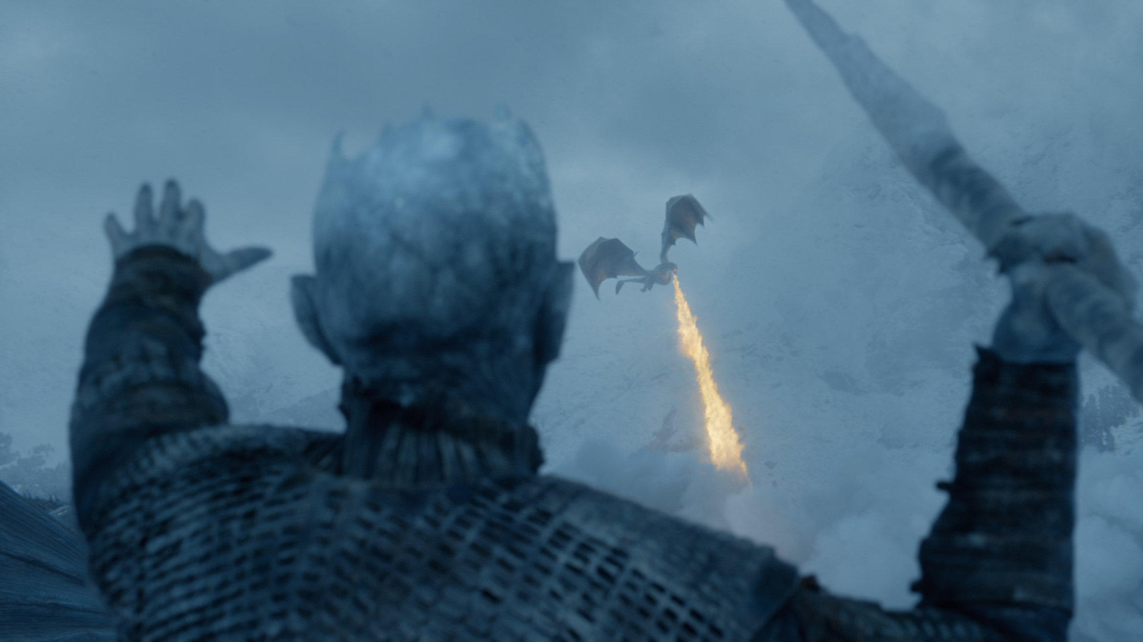 The Night King aims an Ice Spear at the dragon Viserion north of the wall