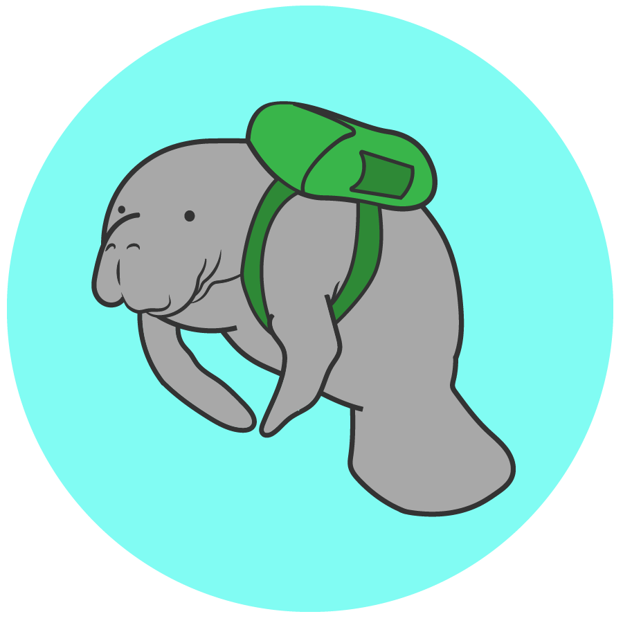An illustrated manatee wears a backpack