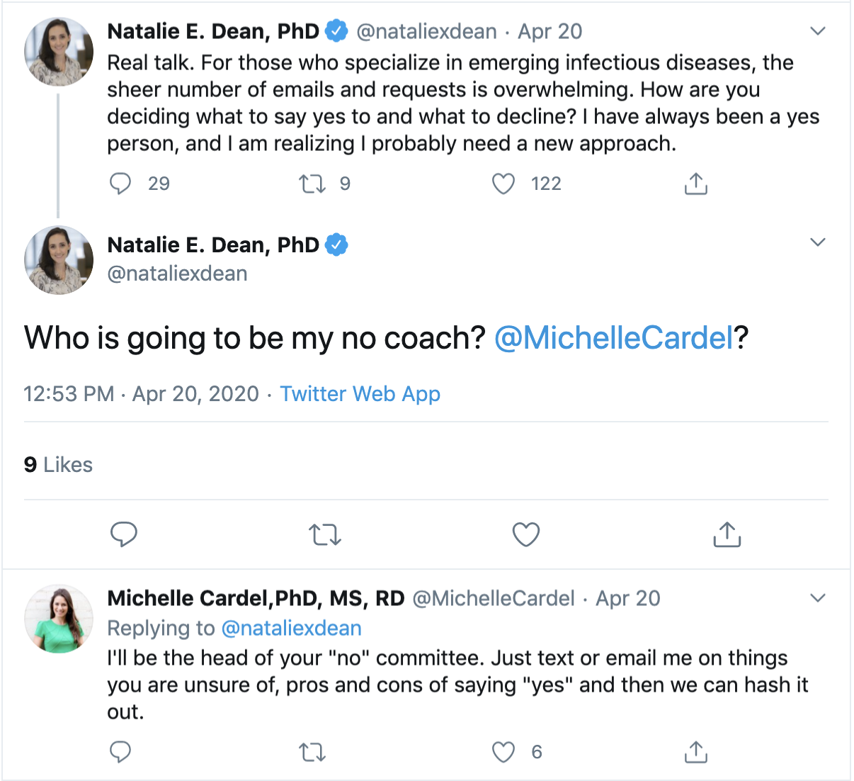 tweet where Dean asks Cardel to help her decide which requests to say no to.