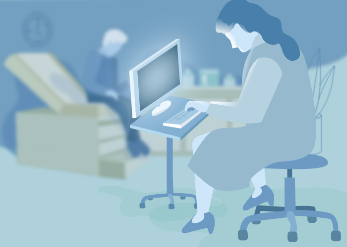 a doctor is absorbed in electronic record keeping at the expense of paying attention to her patient.