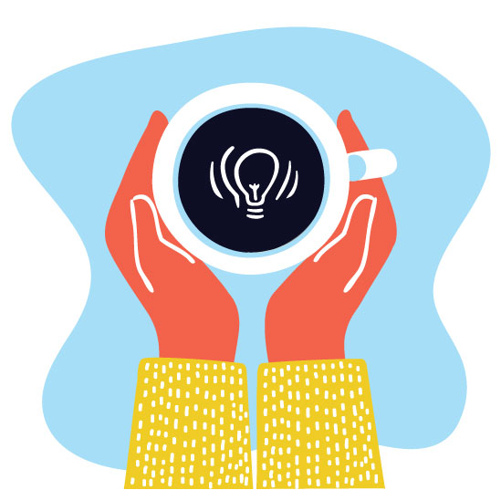 hands around a coffee cup with an idea light bulb in it