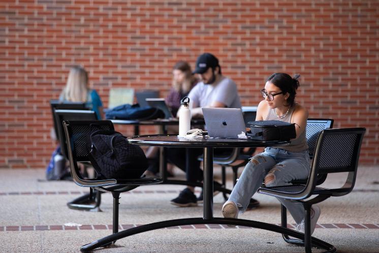 A University of Florida student works on her computer while on campus. 