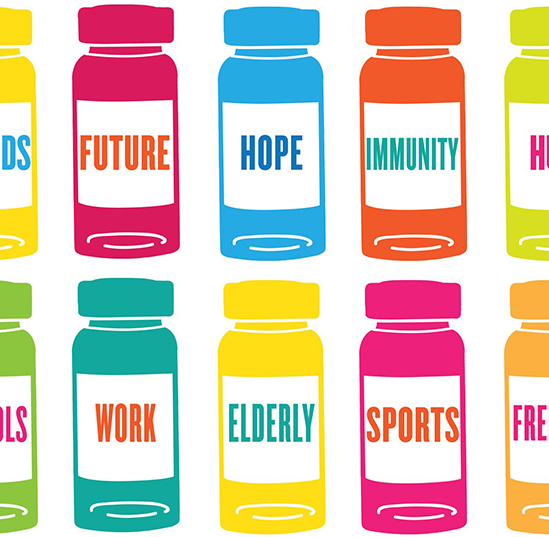 A screen print styled image of pill bottles with positive words printed on them.