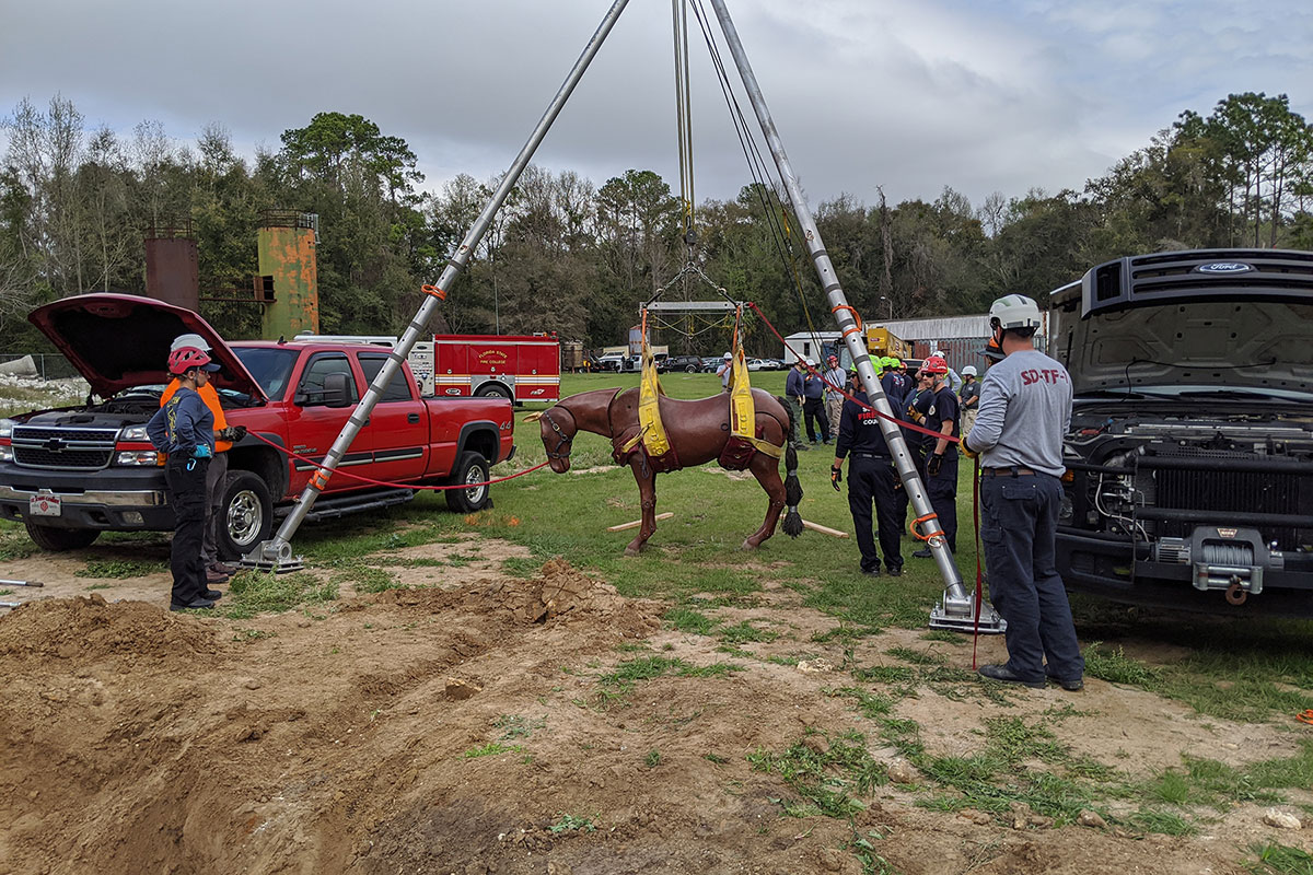 A fake horse is hoisted on a pulley by emergency responders as part of a mock drill.