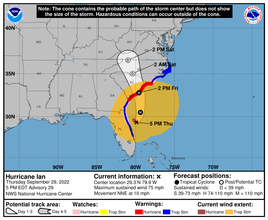 National Hurricane Center's projected storm path map for Hurricane Ian