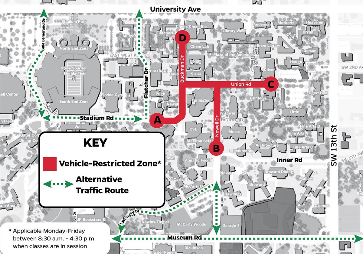 A map of UF campus closures.