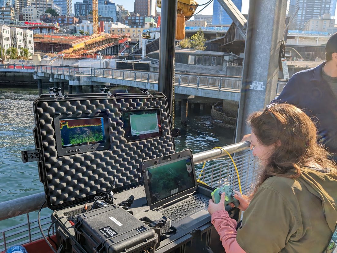 Scientist in front of panel of screens on a pier