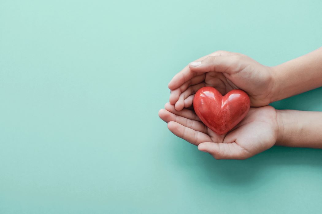 A pair of hands holding a red, ceramic heart against a teal background