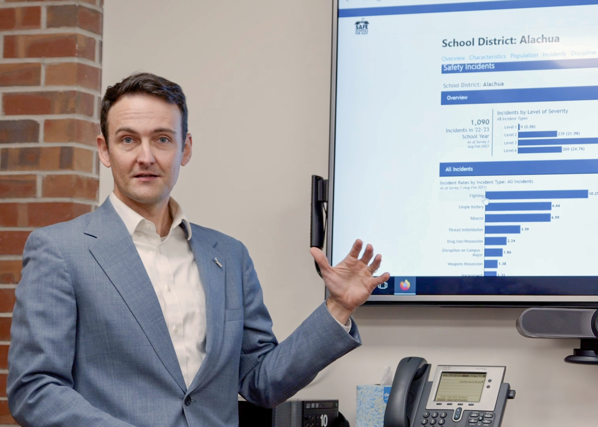 Image of UF faculty member standing in front of screen providing training on school safety dashboard.