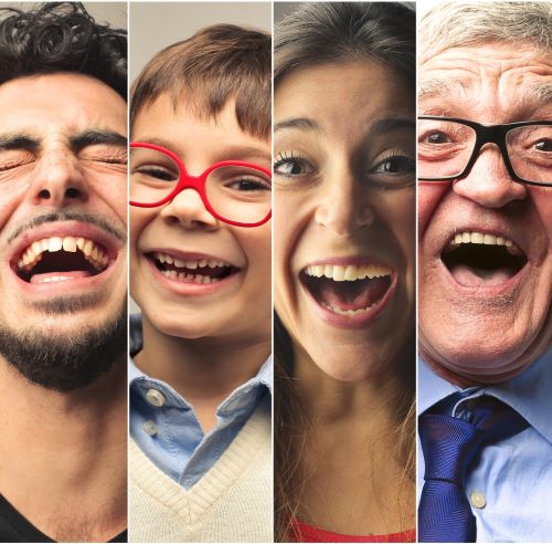A collage of people of different ages smiling and laughing
