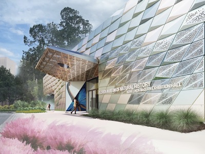 This rendering shows the planned addition to the Florida Museum of Natural History’s facade. Plans are subject to change.