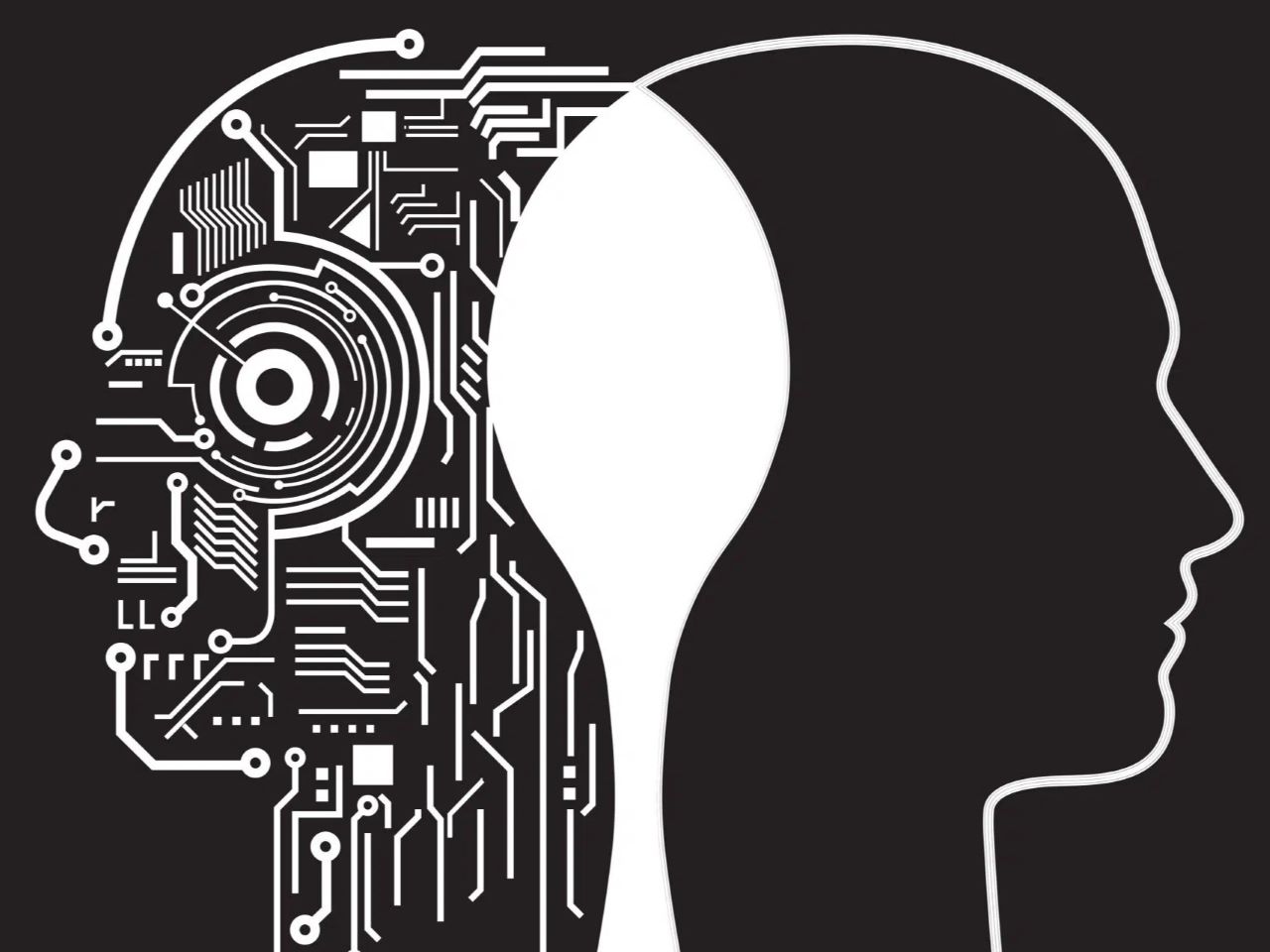 Two silhouettes of a human face facing away from one another. One profile is filled with computer-like diagrams and the other is empty inside.