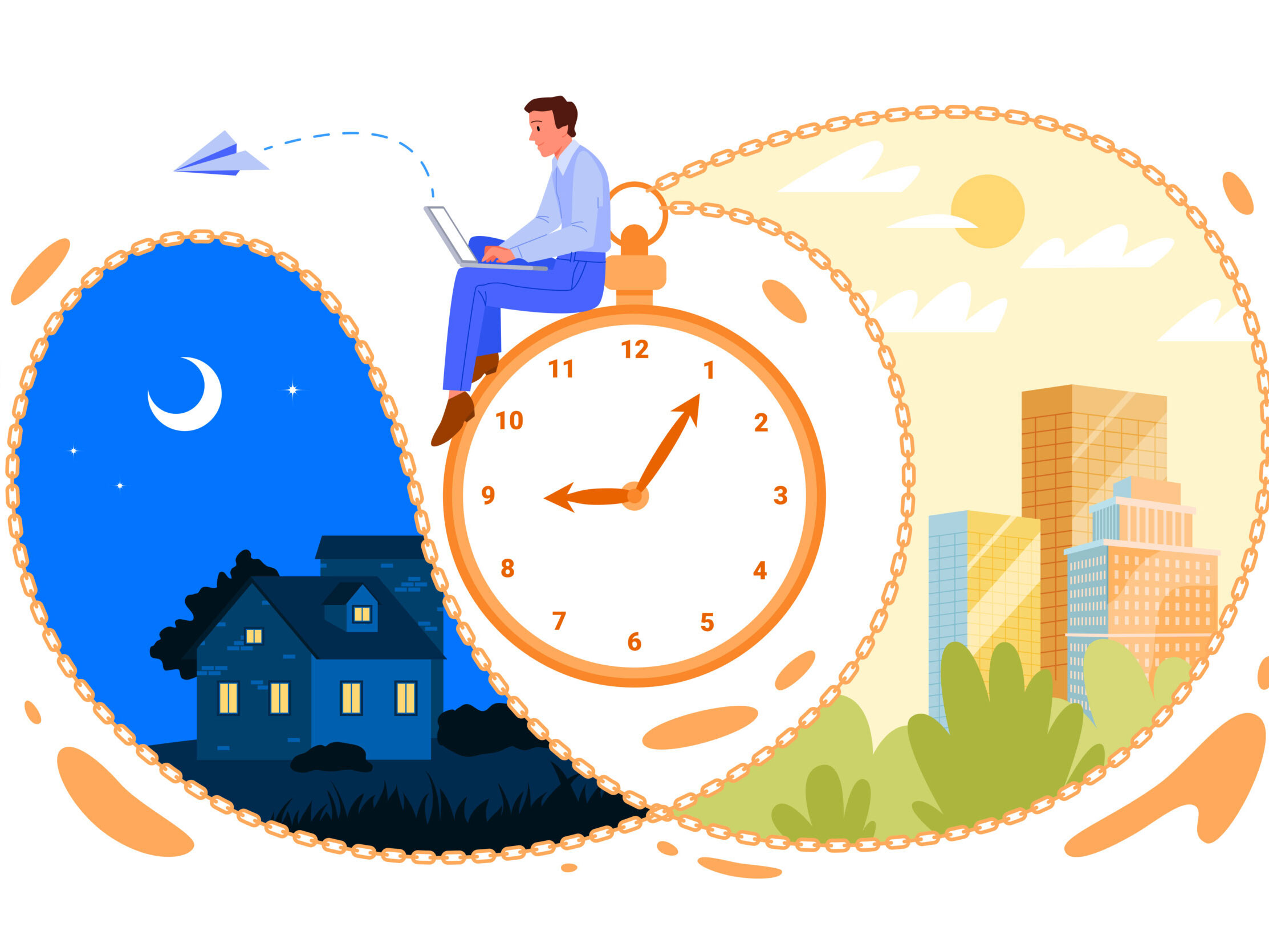 An illustration of a person sitting on a clock with night on one side and day on the other