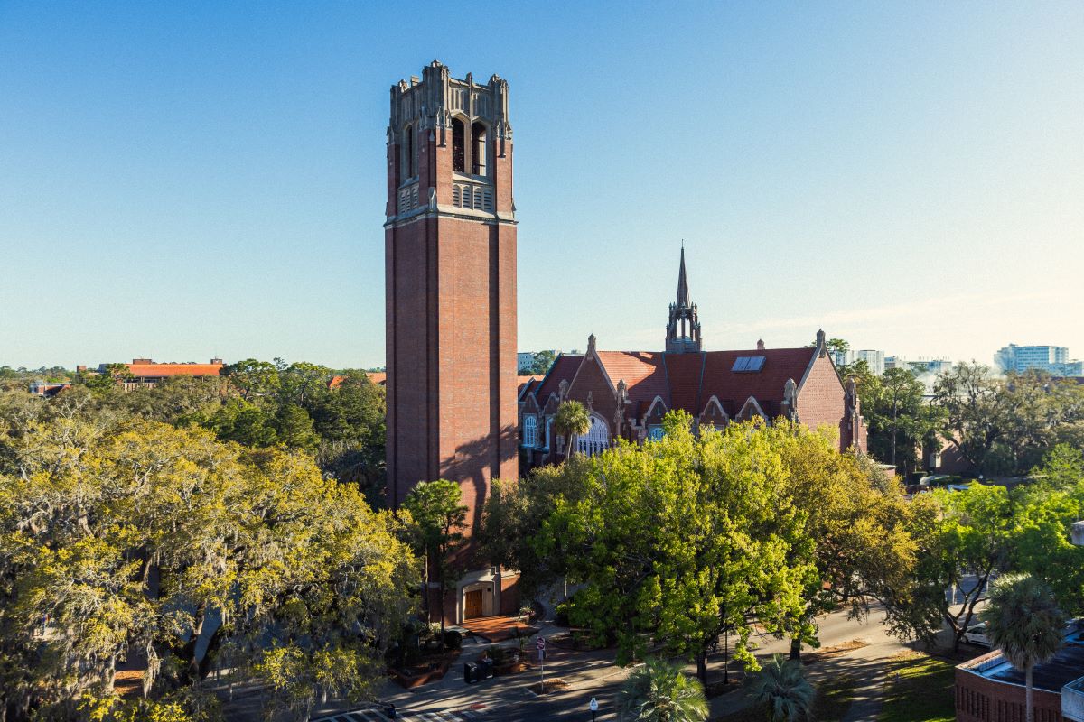 An aerial view of UF's Century Tower on a clear day