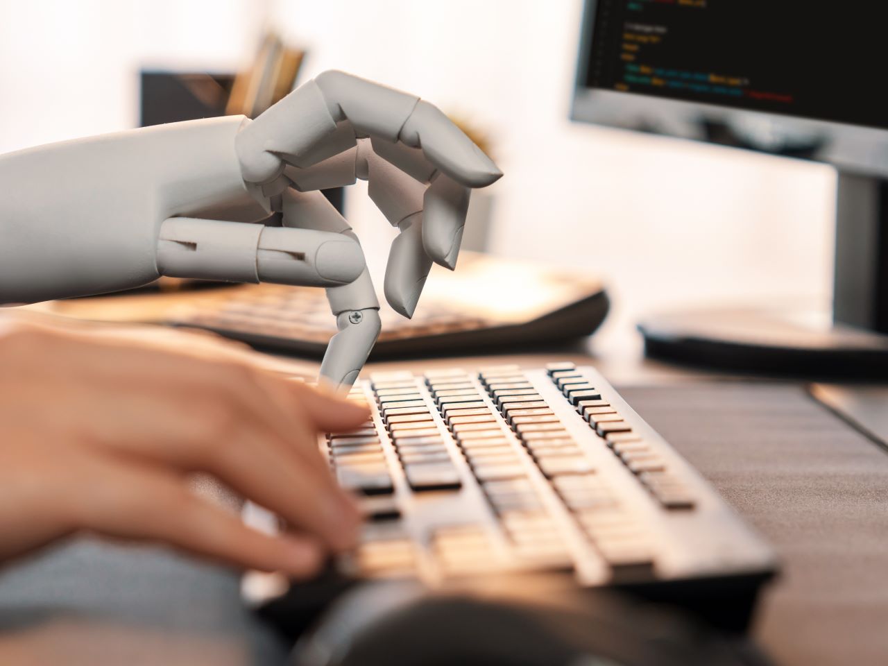 A human hand and robotic hand hover over a keyboard
