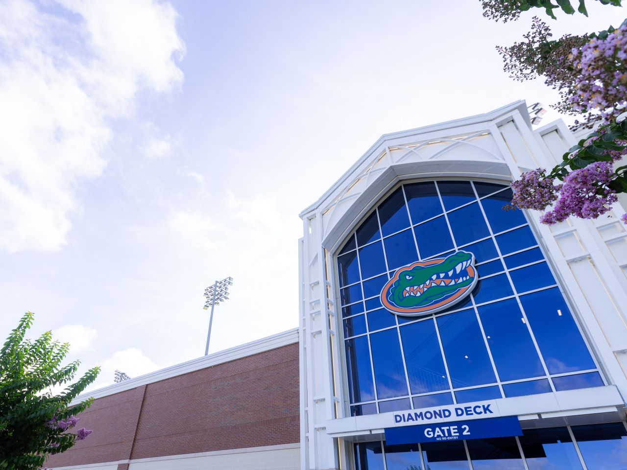 A view from a low vantage point of the front of the University of Florida's Condron Family Ballpark