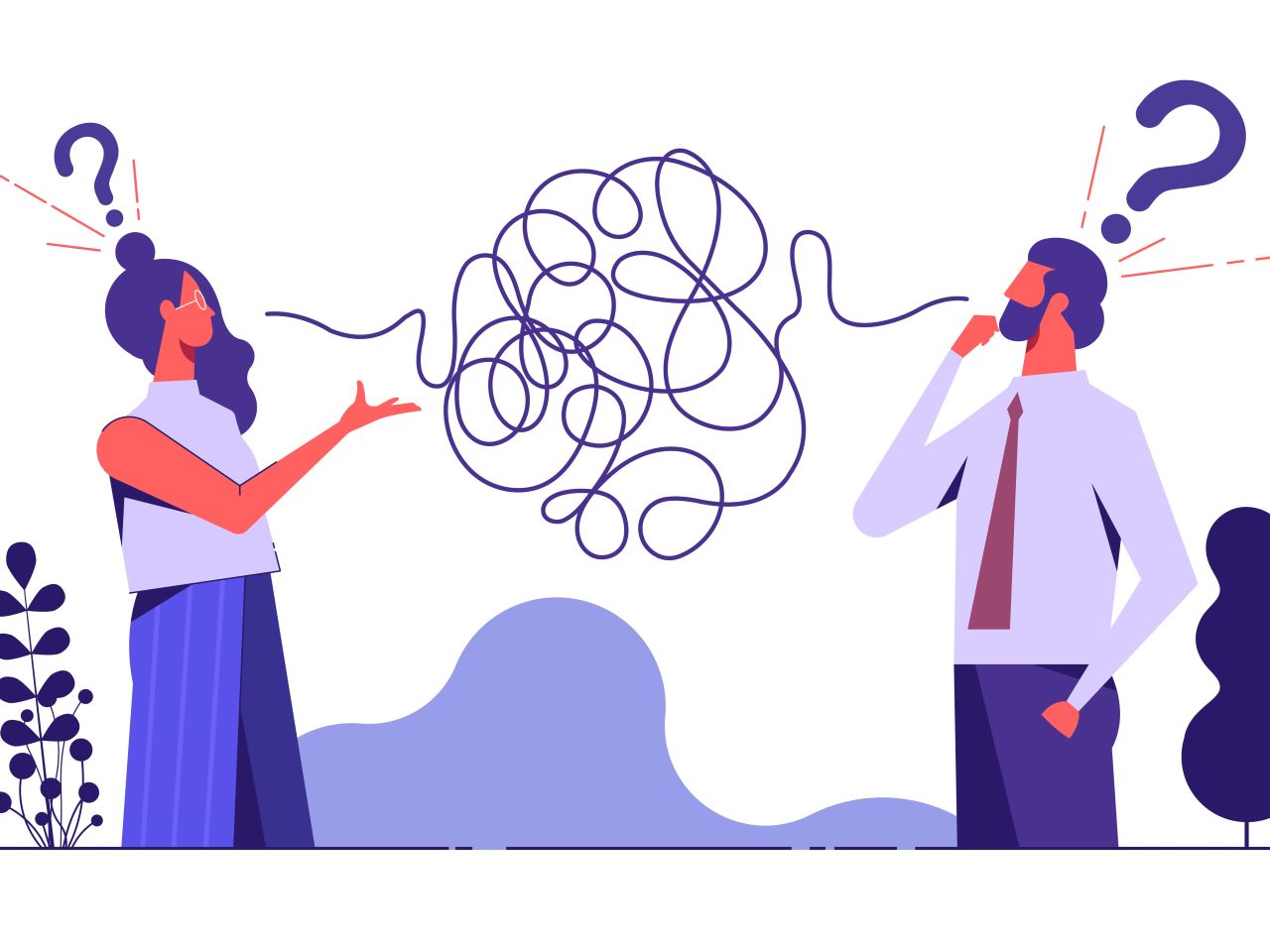 A drawing of a man and woman with question marks over their heads