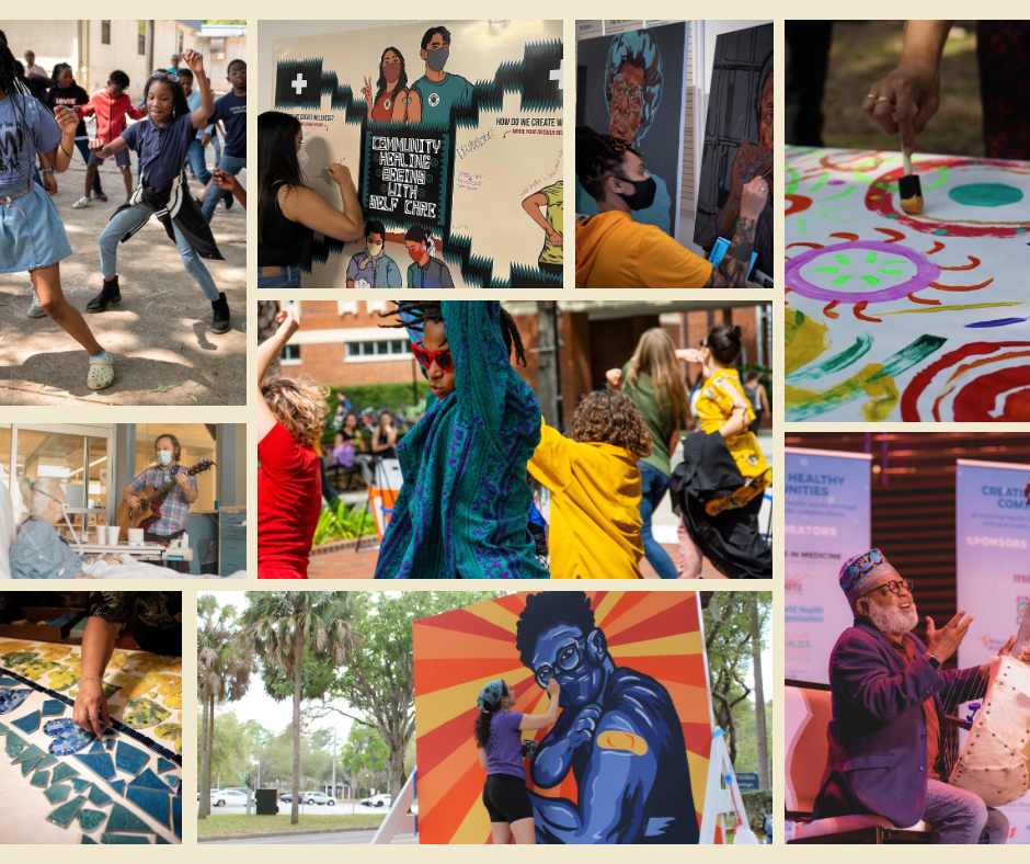 A collage of artists performing or creating