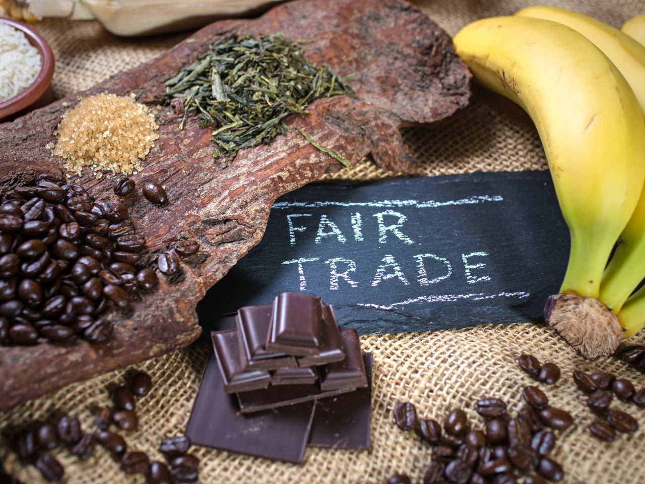 A table filled with samples of bananas, chocolates and coffee and a sign saying
