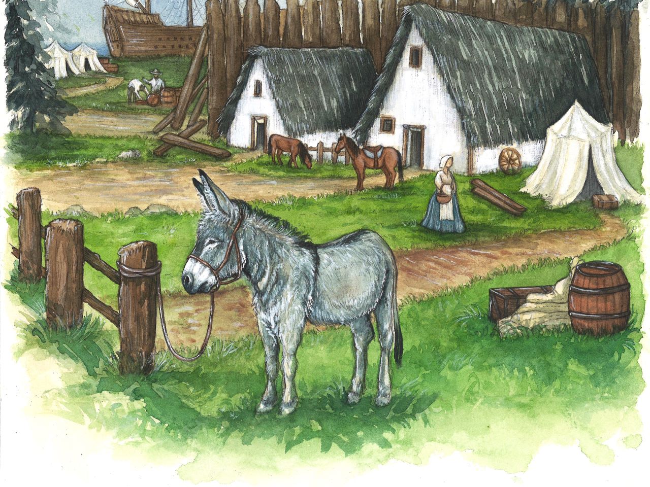 An illustration of a donkey in a colonial era town