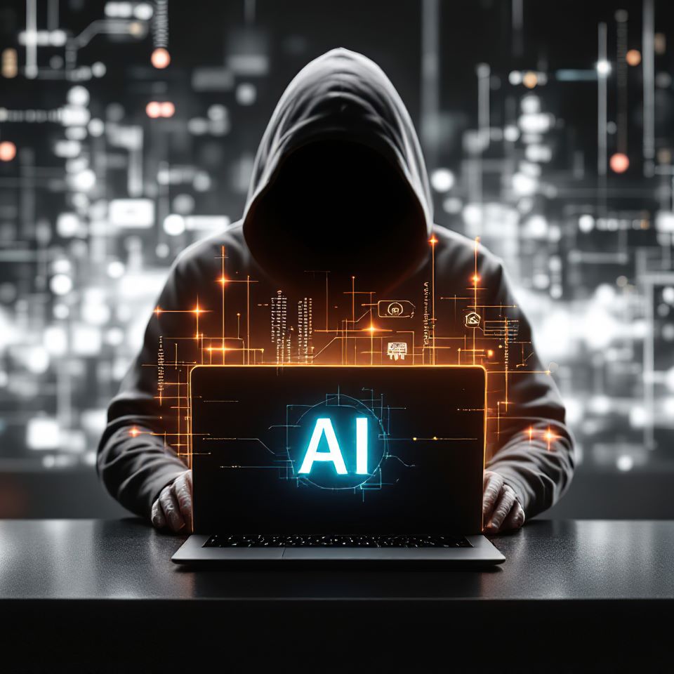 A hooded hacker sitting behind a laptop with the word